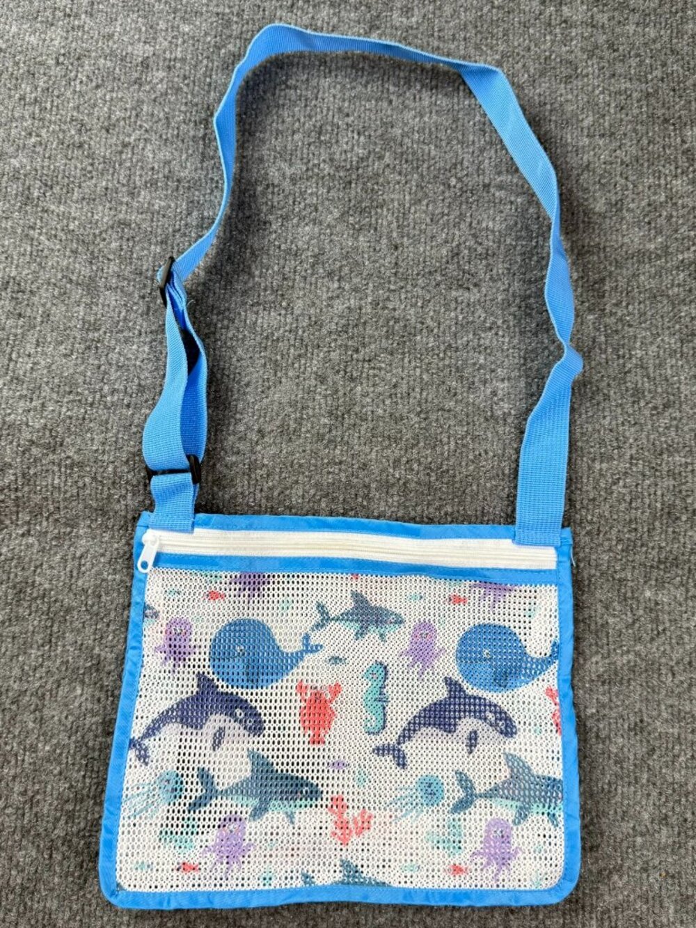 Kids Mesh Beach Bag Sea Life Print Shell Collecting Crossbody Zipper Pouch Blue